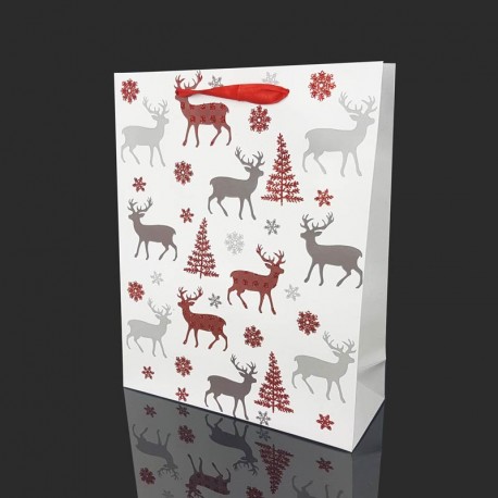 12 grands sacs cadeaux blancs motif rennes et sapins de Noël à paillettes 30x12x39cm - 12114