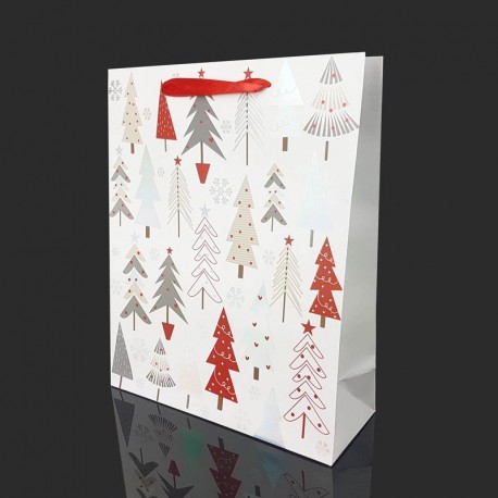 12 grands sacs cadeaux blancs motif sapins de Noël à paillettes 30x12x39cm - 12115
