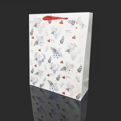 12 grands sacs cadeaux blancs motif rennes de Noël argenté brillant 30x12x39cm - 12116