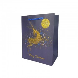 Lot de 12 sacs cadeaux bleu nuit motif renne de Noël doré 26x12x32cm - 12126