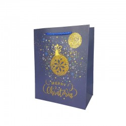 Lot de 12 sacs cadeaux bleu nuit motif boule de Noël doré 26x12x32cm - 12128