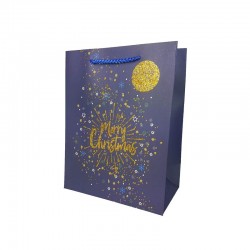 Lot de 12 sacs cadeaux bleu nuit motif feu d'artifice de Noël doré 26x12x32cm - 12129