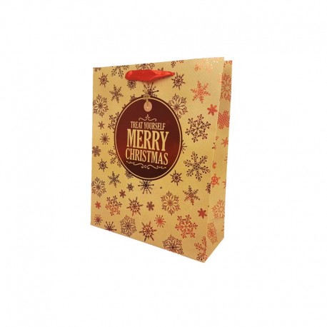12 petits sacs cadeaux beige kraft motif flocons rouges brillants et étiquette ronde 12x7x15.5cm - 12135