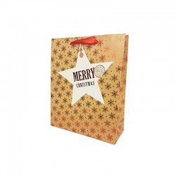 12 petits sacs cadeaux beige motif flocons rouge brillant étiquette étoile 12x7x15.5cm - 12136