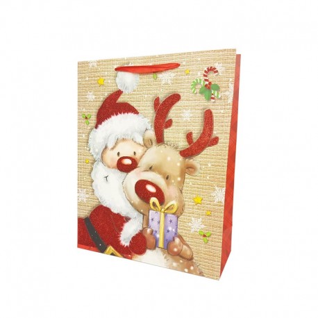 Lot de 12 sacs cadeaux motif Papa Noël et renne rouge pailleté 26x10x32cm - 12159