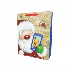 Lot de 12 sacs cadeaux motif Papa Noël et smartphone rouge pailleté 26x10x32cm - 12160