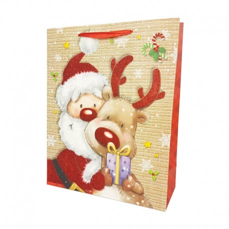 12 grands sacs cadeaux beiges motif Père Noël et renne 31x12x40cm