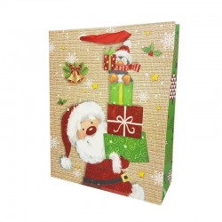 12 grands sacs cadeaux beiges motif Père Noël et cadeaux 31x12x40cm - 12165