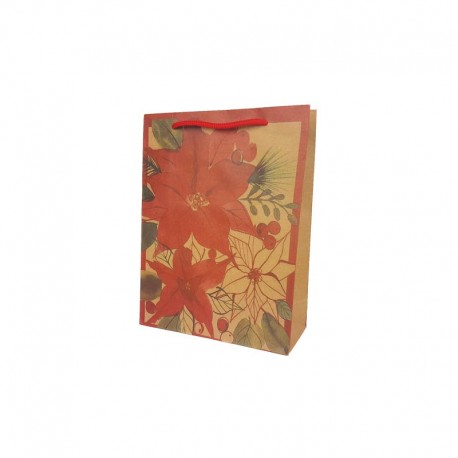 12 sacs papier kraft brun naturel motif fleur de noël 15x6x20cm