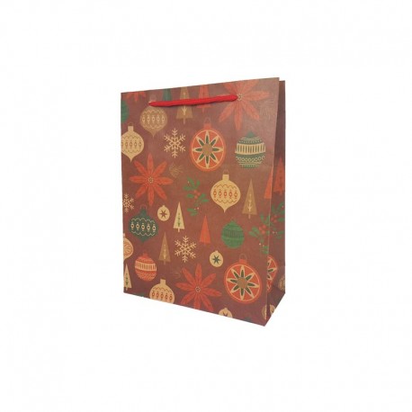 12 sacs papier kraft rouge motif boules de noël et fleurs 15x6x20cm