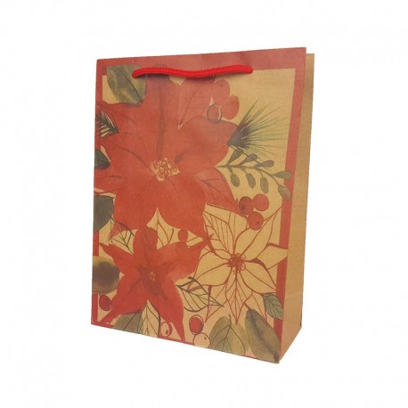 Lot de 12 grands sacs papier kraft brun naturel motif fleur de noël 31.5x10x42cm