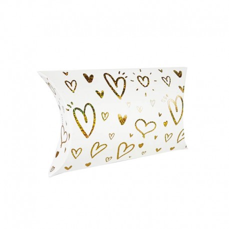 6 boîtes cadeaux berlingot blanches motifs cœurs dorés 12x20x5cm - 11261
