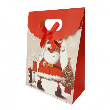 12 grandes pochettes cadeaux fermeture à velcro Père Noël et pingouin 24.5x12x31.5cm