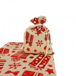 10 petites bourses en coton beige motif cadeaux rouge brillant 6.5x8.5cm