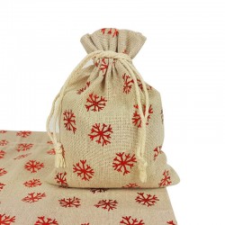 Lot de 10 pochettes coton beige naturel motif flocons de neige rouge brillant 12x15cm