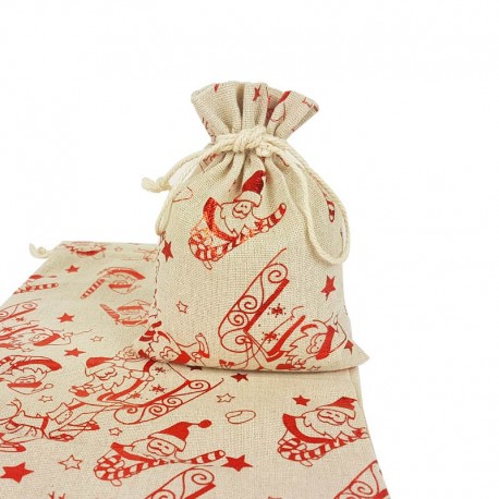 Lot de 10 pochettes coton beige naturel motif papa noël rouge brillant 12x15cm