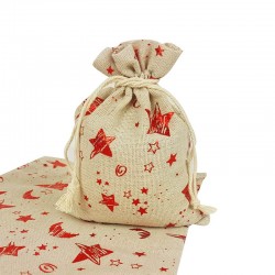 Lot de 10 pochettes coton beige naturel motif étoiles rouge brillant 12x15cm