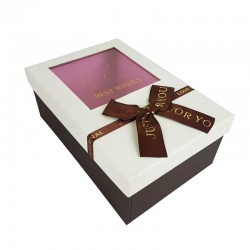 Boîte cadeaux à fenêtre marron foncé et écru avec noeud ruban 23x16x9cm