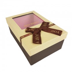Boîte cadeaux à fenêtre marron foncé et beige avec noeud ruban 23x16x9cm
