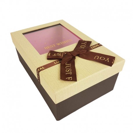 Boîte cadeaux à fenêtre marron foncé et beige avec noeud ruban 23x16x9cm