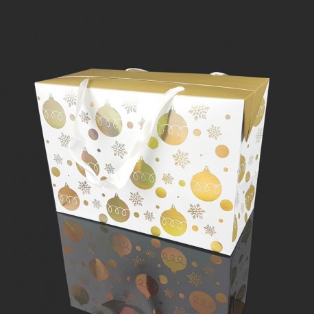 6 grandes boîtes transportables blanches motif de boules de noël dorées 27x13x20cm