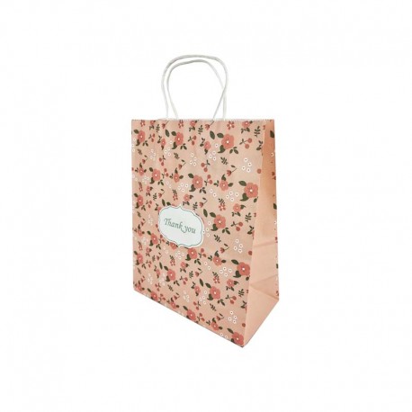 12 sacs papier kraft rose tendre à fleurs roses 15x8x21cm