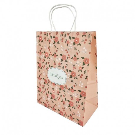 12 grands sacs papier kraft à fleurs roses sur fond rose tendre 26x12x33cm