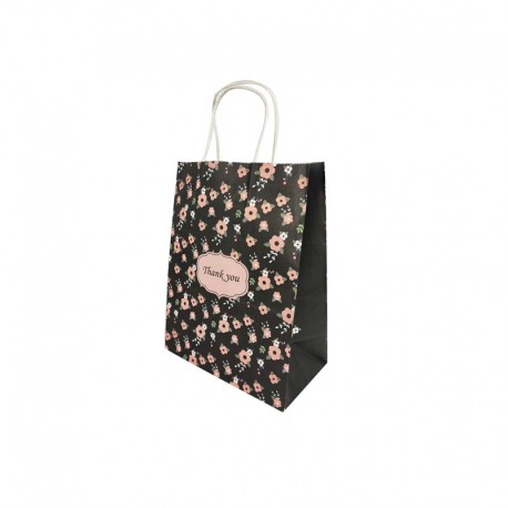 12 petits sacs papier kraft à fleurs roses sur fond noir 11x6x15cm