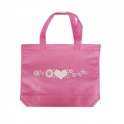 12 sacs cabas intissés rose clair motifs coeurs et fleurs avec soufflet 36+10x32cm
