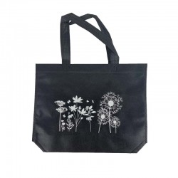 12 sacs cabas intissés noirs motifs fleurs avec soufflet 36+10x32cm - 15104