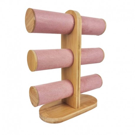 Porte bracelets à 3 niveaux en bois et suédine rose
