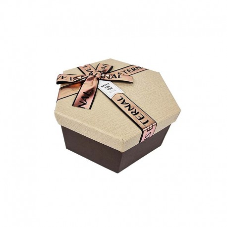 Petite boîte cadeaux hexagonale marron beige avec ruban rose doré 14x16x7cm