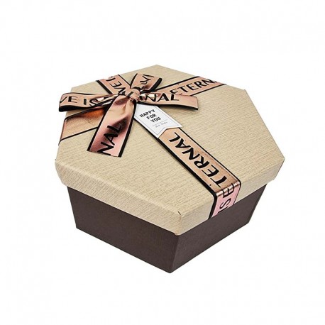 Grande boîte cadeaux hexagonale marron beige avec ruban rose doré 19x22x10cm