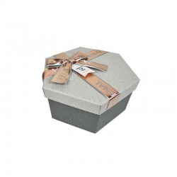 Petite boîte cadeaux hexagonale grise avec ruban rose doré 14x16x7cm