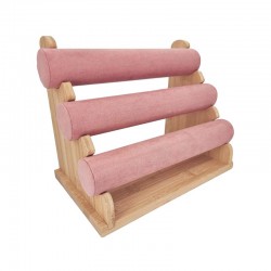Présentoir pour bracelets en bois et suédine rose à 3 niveaux