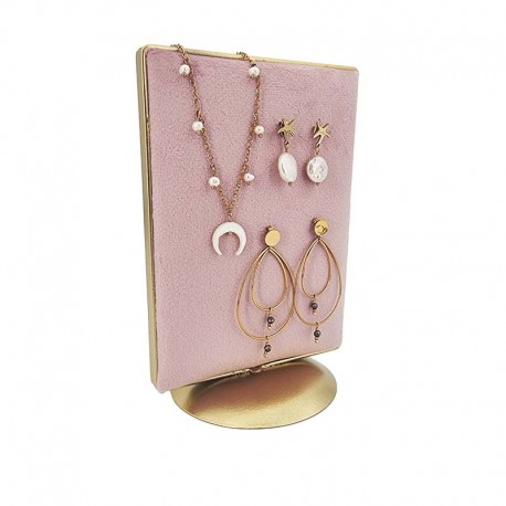 Petit porte bijoux en velours rose poudré sur socle en métal doré