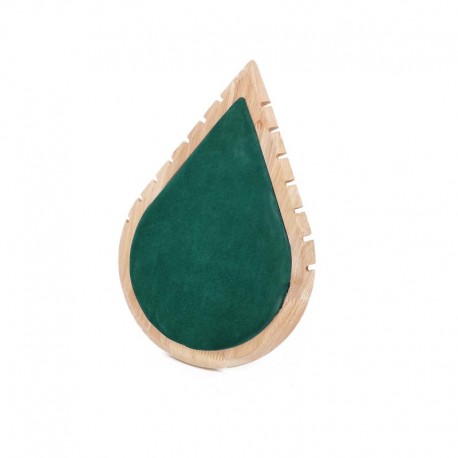 Petit présentoir colliers en bois et suédine vert émeraude en forme de goutte d'eau