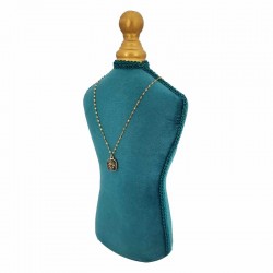 Grand porte collier en forme de buste couturière en velours bleu canard