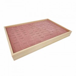 Plateau pour 100 bagues en bois et en tissu aspect suédine rose