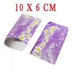 100 pochettes cadeaux papier 10x6cm couleur mauve fleurs blanches - 5345