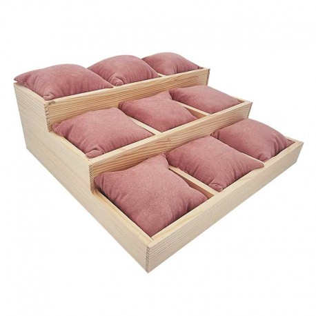 Présentoir en bois et suédine rose avec 9 coussins amovibles