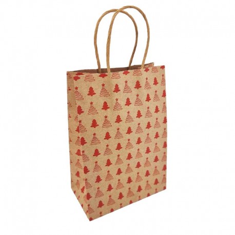 12 Petits sacs papier kraft brun motif sapins de noël rouges 15x21x8cm