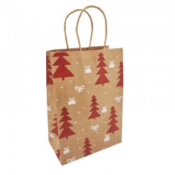 12 Petits sacs papier kraft motif sapins rouge et cadeaux blancs 15x21x8cm