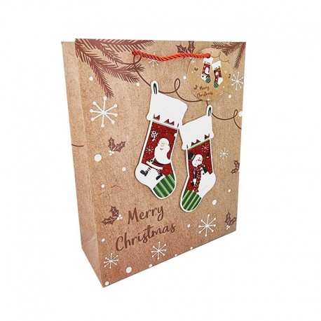 12 sacs cadeaux motif chaussettes de Noël fond kraft 18x10x23cm - 12301