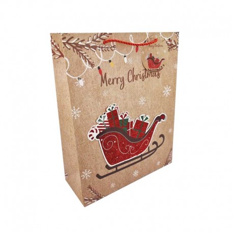 12 sacs cadeaux motif traineau de Noël fond kraft 18x10x23cm - 12303