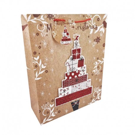 Lot de 12 sacs cadeaux brun motif cadeaux de Noël 26x10x32cm - 12306