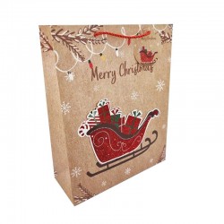 Lot de 12 sacs cadeaux brun motif traineau de Noël 26x10x32cm - 12307