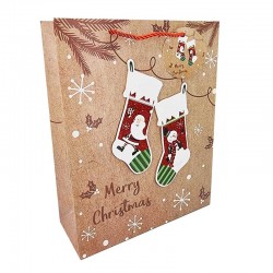 12 grandes poches cadeaux brun motif chaussettes de Noël 31x12x40cm - 12309