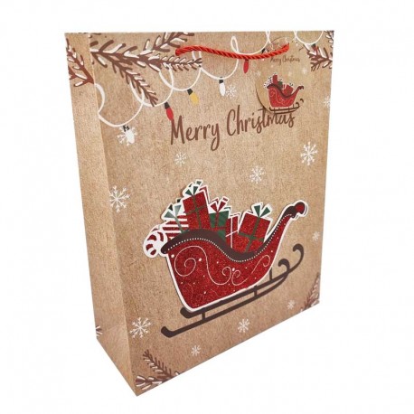 12 grandes poches cadeaux brun motif traineau de Noël 31x12x40cm - 12311