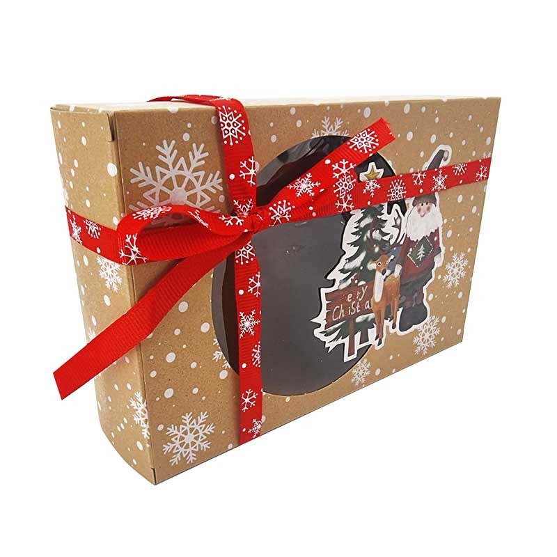 Boîtes cadeau noël carton kraft brun à fenêtre motif bonhomme de neige